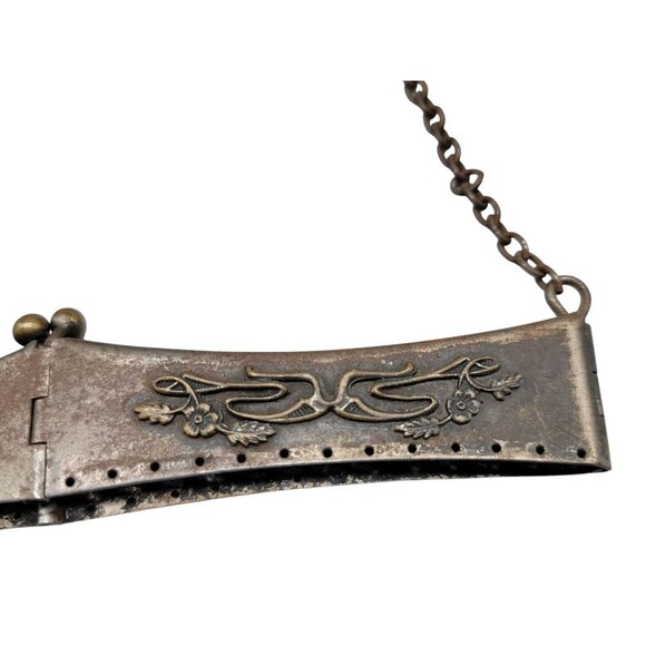 Antique Victorian Purse Reticule Square Frame Folding Floral Metal Kiss Closure - Picture 7 of 14